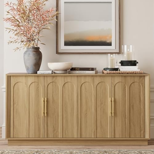 FORTUNETEC 67" Sideboard Buffet Cabinet with Storage, Arched Doors, Oak