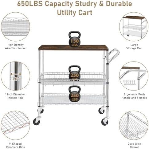 Rolling Kitchen Carts on Wheels With Storage,650Lbs Heavy Duty Metal Cart with Wheels,3 Tier Rolling Cart with Wooden Top,NSF Utility Cart with Handle for Food Cart Serving Carts,30.3"L*31.9"H*18.1"W