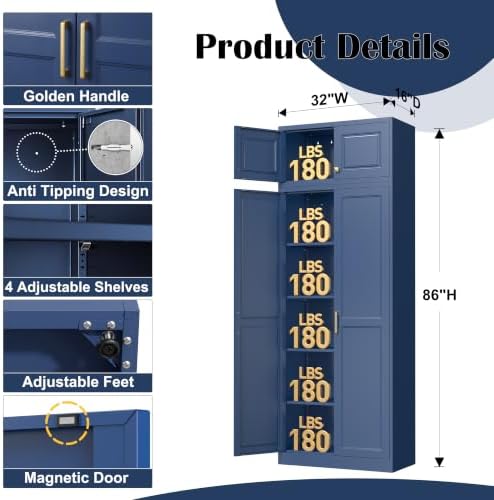 Steeloong 86"Metal Pantry Storage Cabinet with Doors & 4 Adjustable Shelves | Kitchen Pantry Cabinet,Blue Kitchen Cabinet with 4 Gold Handles,Tall Cabinet for Livingroom,Pantry, Bathroom,Kitchen,Garage