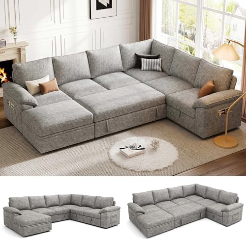 106'' Sleeper Sofa with Pull Out Bed, Modular Sectional Sofa , LightGray