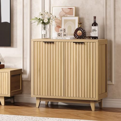 Vabches Modern Fluted Coffee Bar Cabinet with Removable Wine Rack, Natural