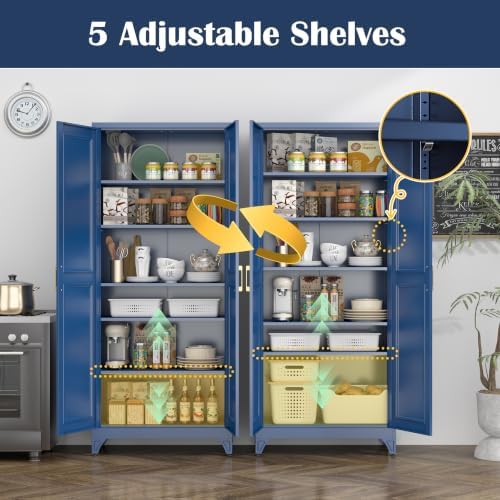 SteeLoong 75”Metal Pantry Storage Cabinet with Doors & 5 Adjustable Shelves | Kitchen Pantry Cabinet,Blue Kitchen Cabinet with 2 Gold Handles,Tall Cabinet for Livingroom,Pantry, Bathroom,Kitchen,Garage