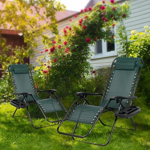 Nazhura Set of 2 Relaxing Recliners Patio Chairs Adjustable Steel Mesh Zero Gravity Lounge Chair Beach Chairs with Pillow and Cup Holder (Dark Green)