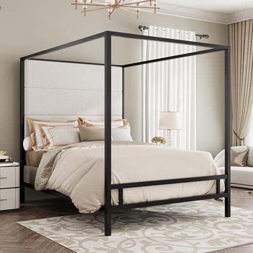 LUMISOL King Size Canopy Bed Frame with Tall Upholstered Headboard, Four Poster Metal Platform Bed with Velvet Headboard, Modern Luxury Canopy Bed, Box Spring Needed, Black + White