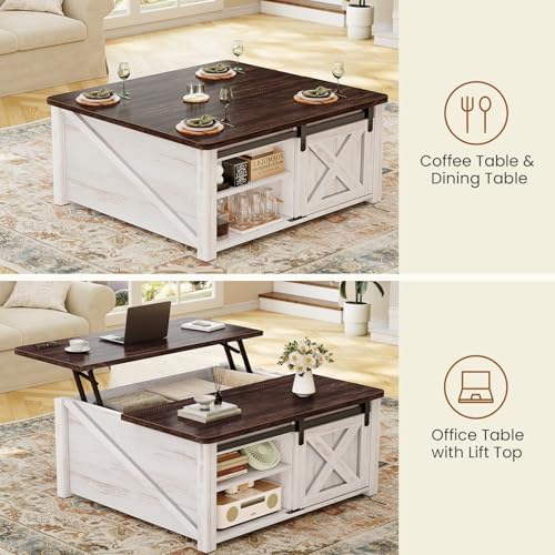 SEDETA 31.5" Lift Top Coffee Table with Storage, Square Coffee Tables for Living Room, Farmhouse Coffee Table with Large Hidden Storage Compartment and Adjustable Shelves, Vintage White