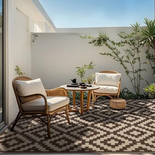 SAND MINE Reversible Mats, Plastic Straw Rug, Modern Area Rug, Large Floor Mat and Rug for Outdoors, RV, Patio, Backyard, Deck, Picnic, Beach, Trailer, Camping (6' x 9', Brown & Beige)