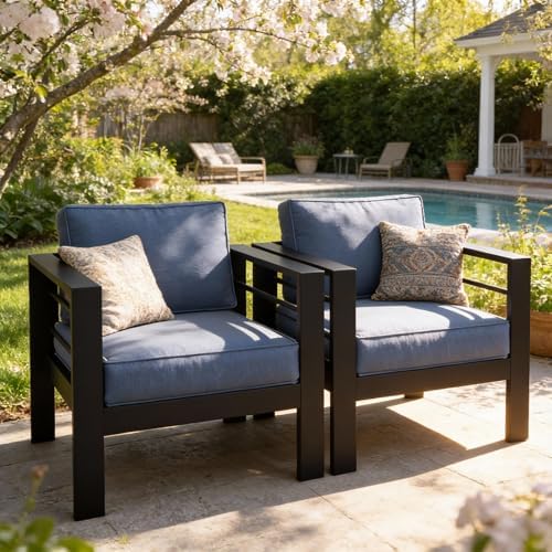 Kiss the Water 2 PCS Aluminum Outdoor Patio Sofa Set, All Weather Rust-Proof Metal Patio Couch, Modern Outdoor Furniture for Backyard Porch Garden, 5" Thick Waterproof Olefin Cushions, Light Grey