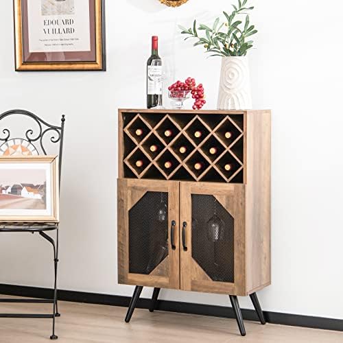 GIANTEX Farmhouse Wine Bar Cabinet with 11 Bottle Rack, Brown & Black