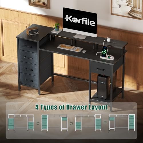 Korfile 55 Inch Gaming Computer Desk with Power Outlets,LED,5 Drawers,Black