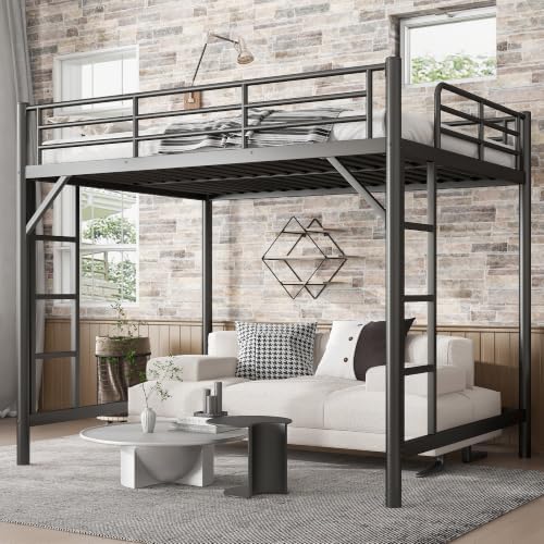 Bellemave Queen Loft Bed, Metal Round Pipe, Dual Ladders, Save Space, Black