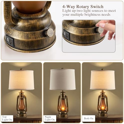 25" Set of 2 Rustic Lantern Table Lamps for Living Room Bedroom, 2 USB Ports Farmhouse Vintage Bedside Desk Lamp Nightlight for Entryway Office End Table, 4 Bulbs Included