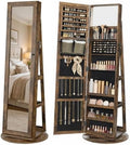 SONGMICS HOME Standing Jewelry Cabinet, Full Length Mirror with Storage | Swivel Jewelry Armoire, Lockable Rotating Organizer, Rear Storage Shelves, Bedroom Organization, Rustic Brown UJJC006X01SH