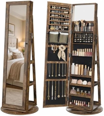 SONGMICS HOME Standing Jewelry Cabinet, Full Length Mirror with Storage | Swivel Jewelry Armoire, Lockable Rotating Organizer, Rear Storage Shelves, Bedroom Organization, Rustic Brown UJJC006X01SH