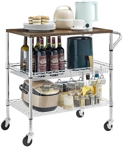 Rolling Kitchen Carts on Wheels With Storage,650Lbs Heavy Duty Metal Cart with Wheels,3 Tier Rolling Cart with Wooden Top,NSF Utility Cart with Handle for Food Cart Serving Carts,30.3"L*31.9"H*18.1"W