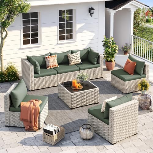 UDPATIO Outdoor Patio Furniture Set 7 Pcs Wicker Sectional Sofa Green