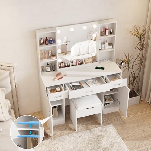 Halitaa Makeup Vanity Table with Lighted Mirror & Power Outlets, Large Vanity Set Vanity Desk with Storage Stool, 3 Lighting Modes, Brightness Adjustable, 45inch, White