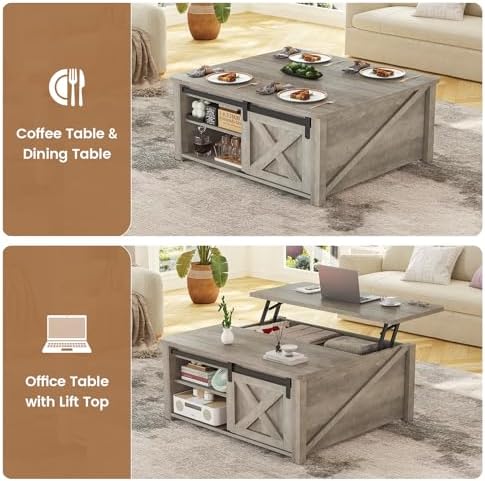 SEDETA 31.5" Lift Top Coffee Table with Storage, Square Coffee Tables for Living Room, Farmhouse Coffee Table with Large Hidden Storage Compartment and Adjustable Shelves, Grey