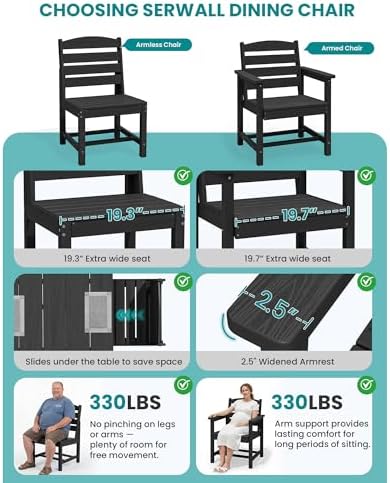 SERWALL Armless Outdoor Dining Set, Patio Dining Set for 6, Black