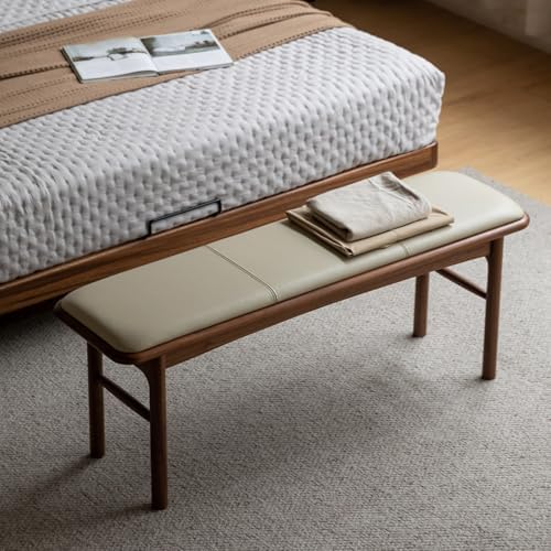 47.2'' Leather Upholstered Dining Bench with 100% Solid Oak Wood Bench Frame, Padded Bed End Bench Ottoman for Kitchen Living Room Bedroom Entryway, Champagne