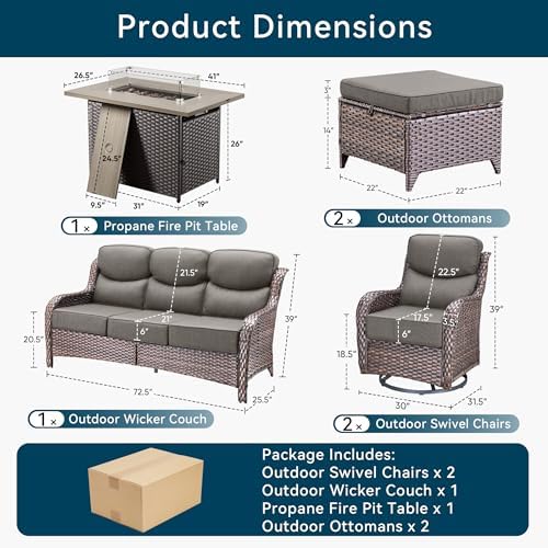 Luxury Patio Furniture Set with Fire Pit Table-6 Pieces All Weather Outdoor Swivel Rocker Chairs with Sofa and Ottomans. Outdoors Patio Conversation Sets for Porch Deck Garden Backyard(Brown/Grey)