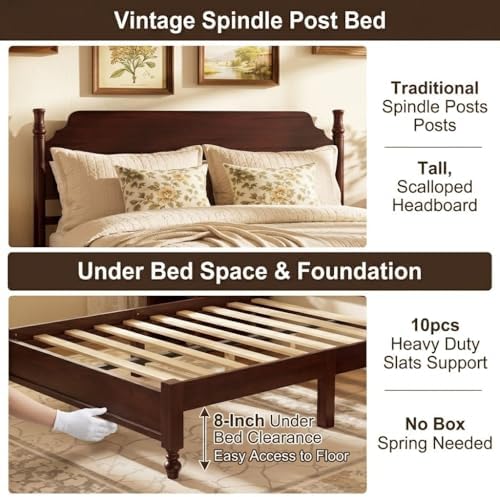 Vintage Wood Full Bed Frame, Traditional Spindle Platform with Tall Headboard, Dark Walnut Antique Style 4-Poster Design, Under Bed Storage, No Box Spring Needed