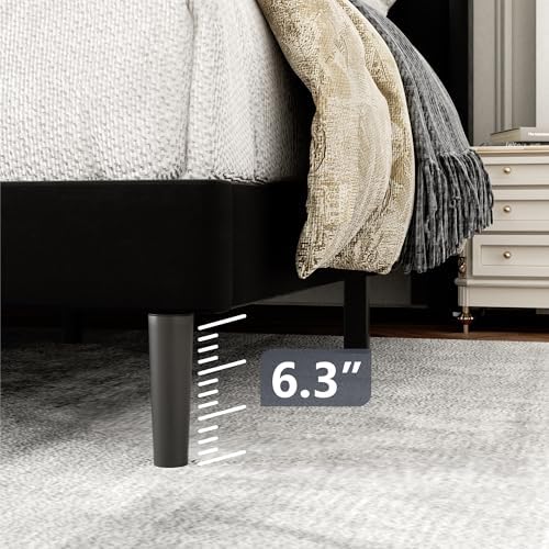 Gruwans Full Size Bed Frame with Upholstered Wingback Headboard, Easy Assemnly Platform Bed, Wooden Slat Support No Box Spring Needed, Black