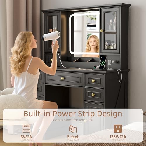 Vanity Desk with Mirror & Lights, Makeup Vanity with Power Outlet & USB Ports, Farmhouse Dressing Table, 6 Drawers & 4 Storage Cabinets, RGB Cabinet Lighting, 3-Color Dimmable Mirror