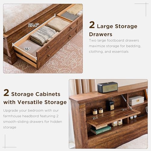 Farmhouse Queen Size Bed Frame with 54" Tall Headboard, 2 Footboard Drawers