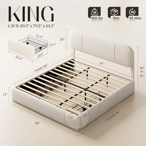 King Size Cloud Bed Frame with LED & 4 Drawers, Beige