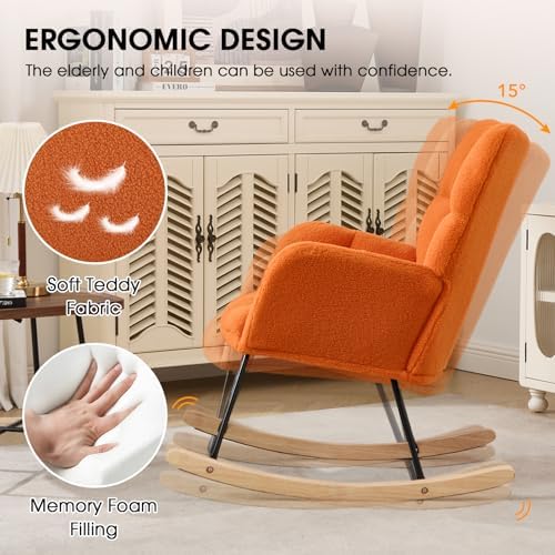 Nursery Rocking Chair, Teddy Upholstered Glider Chair with Thick Cushion, Tufted Gliding Rocker Chair with Wood Leg, Cozy Rocking Armchair, Accent Rocking Chair for Living Room (Orange)