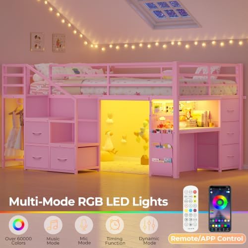 BTHFST Low Loft Bed Twin with Desk, Stairs, 6 Storage Drawers, Pink
