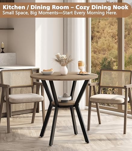 MECHYIN Round Dining Table, 31.5" Small Kitchen Table with Storage, Space Saving Dining Table, Rustic Wood Table with Metal Legs for Apartment, Dining Room & Kitchen Nook