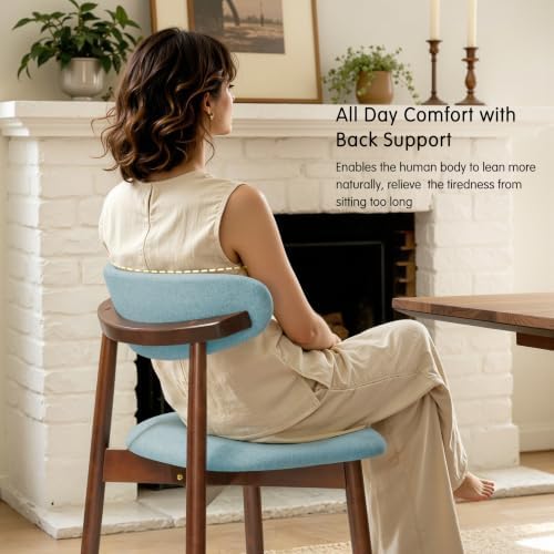 CHUN YI Dining Chairs Set of 8, Upholstered Solid Wood Dining Room Chairs, Mid Century Modern Fabric Kitchen Chairs with Ergonomic Curved Back, Blue (Only Chairs)