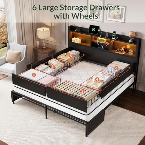 LARMACE King Size Bed Frame with 6 Storage Drawers and Headboard Wooden Platform Bed Frame with LED Lights and Charging Station Easy Assembly/No Box Spring Needed/Black