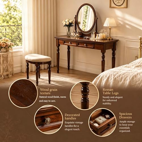 47" Narrow Solid Wood Writing Desk with Drawers, Walnut