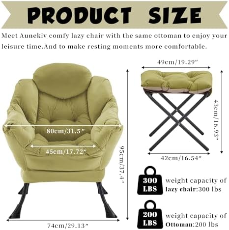 Lazy Chair with Ottoman, Comfy Reading Chair, Olive Green
