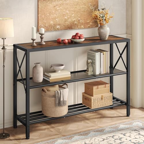 Hoctieon Industrial Console Table, 3 Tier Entryway Table, Hallway Table, Narrow Sofa Table with Shelves, Entrance Table for Entryway, Living Room, Foyer, Hallway, Office, Rustic Brown&Black