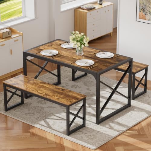 VECELO 55" Kitchen Dining Table Set for 4, Heavy-Duty Steel Frame & Wood-Grain Tabletop, Space-Saving Dinette Sets with 2 Benches for Breakfast Nook and Small Space, Brown