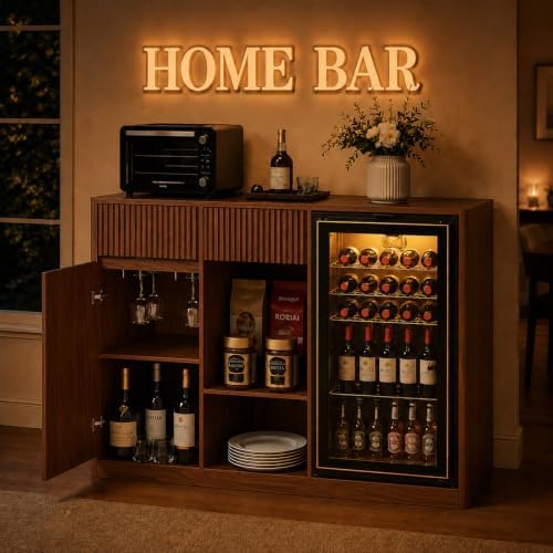 Coffee Bar with Mini Fridge Space,Liquor Wine Mini Bar Cabinet with Storage