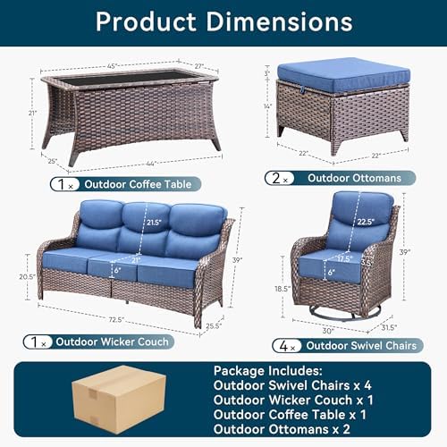 Luxury 8 Pieces Outdoor Patio Furniture Set-All Weather Wicker Swivel Rocker Patio Chairs with 6" Thick Cushion Rattan Sofa Coffee Table, Outdoor Conversation for Garden Porch Backyard(Brown/Blue)