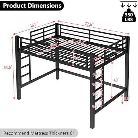Bellemave Full Size Metal Loft Bed Frame with 2 Ladders, High Guardrail & Sturdy Iron Construction, Space-Saving Adult Loft Bed for Dorms, Safe for Kids, Teens, No Box Spring Needed, Black