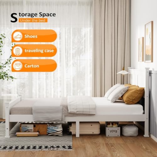 Bonnlo Full Size Solid Wood Platform Bed Frame, Panel Bed with Headboard, No Box Spring Needed Bed Base, Wood Slat Support Mattress Foundation, White