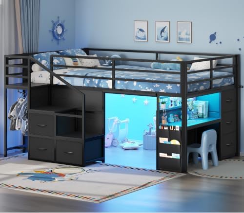 BTHFST Low Loft Bed Twin with Stairs, Desk, 6 Storage Drawers, Black
