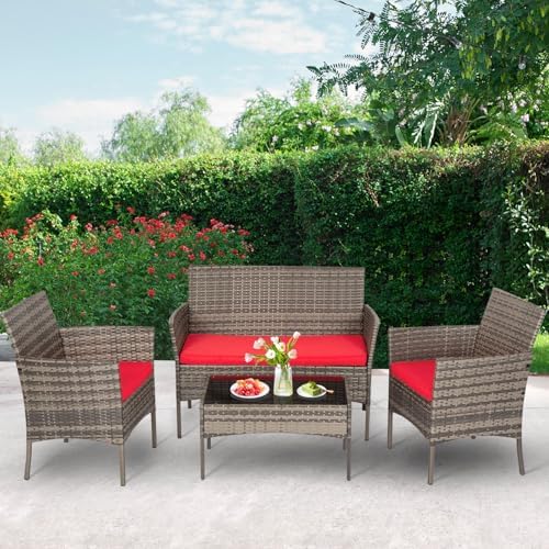 FDW 4-Piece Patio Furniture Set | Gray & Red |Outdoor Wicker Furniture