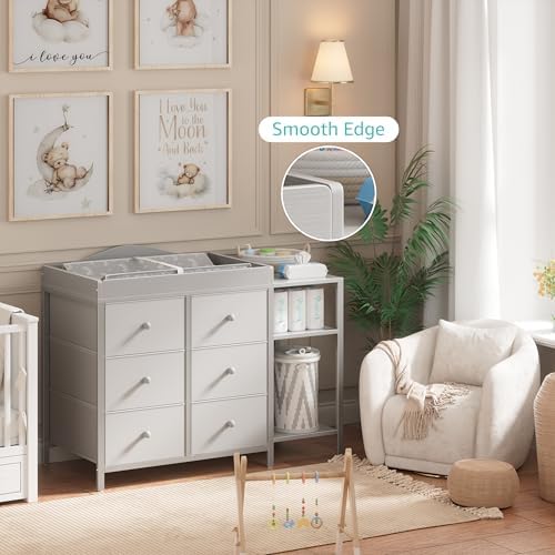 BOLUO Baby Dresser with Changing Table Top, Gray Changing Table Dresser with 6 Fabric Drawers Diaper Changing Station with Storage Shelf for Nursery Modern