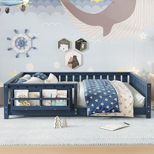 Bellemave Queen Size Floor Bed with Slats and Safety Guardrail, Queen Size Montessori Floor Bed with Fence and Built-in Bookshelf, Easy Assemble Montessori Beds for Girls, Boys, Blue