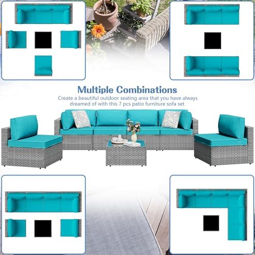 Shintenchi 7 Piece Outdoor Patio Furniture Set with Silver Rattan, Blue