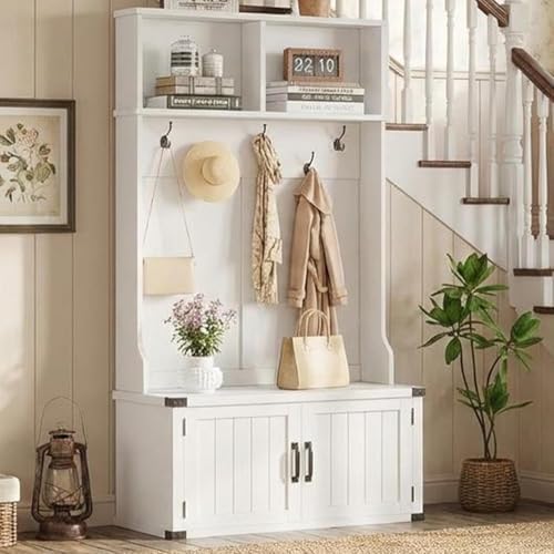 Garvee Farmhouse Hall Tree with Bench and Shoe Storage, 77" Tall Entryway Hall Tree w/ 5 Tri-Hooks Coat Rack, Mudroom Rack w/Bench & Door, Adjustable Shelf, 2 Top Cubbies Storage, Space Saving, White