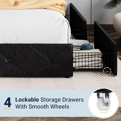 Allewie Full Size Storage Bed Frame with 4 Underbed Drawers, Upholstered Platform Bed with Adjustable Headboard, Diamond Button Tufted, Easy Assembly, Noise-Free, No Box Spring Needed, Black