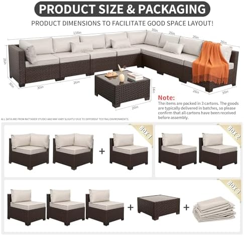 Rattaner 9 Pieces Outdoor Sectional All-Weather HDPE Brown Wicker Patio Furniture Set Patio Sectional Glass Patio Table Non-Slip Cushions and Waterproof Covers, Beige